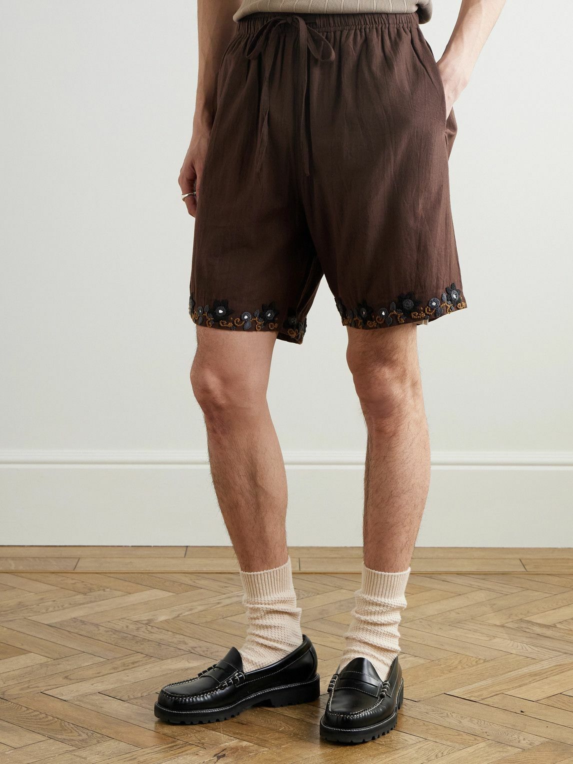 Kartik Research - Embellished Embroidered Cotton Shorts - Brown