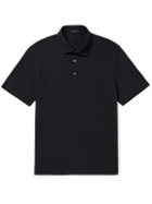 Ermenegildo Zegna - Leather-Trimmed Cotton-Piqué Polo Shirt - Blue