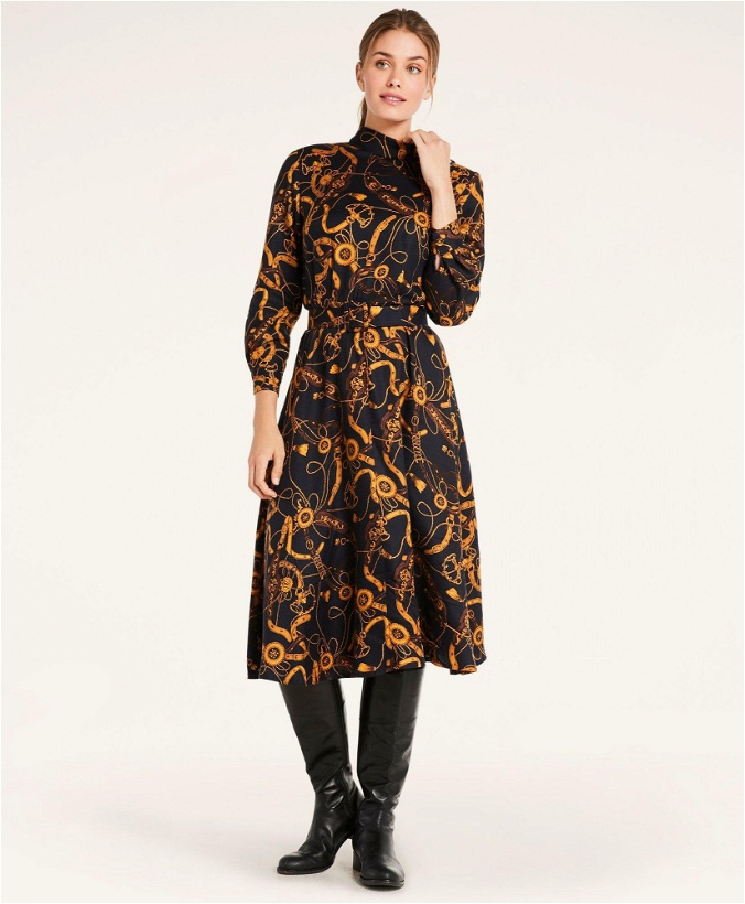 Photo: Brooks Brothers Women's Belted Rope Print Dress | Navy
