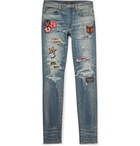 AMIRI - Skinny-Fit Appliquéd Panelled Distressed Stretch-Denim Jeans - Men - Mid denim