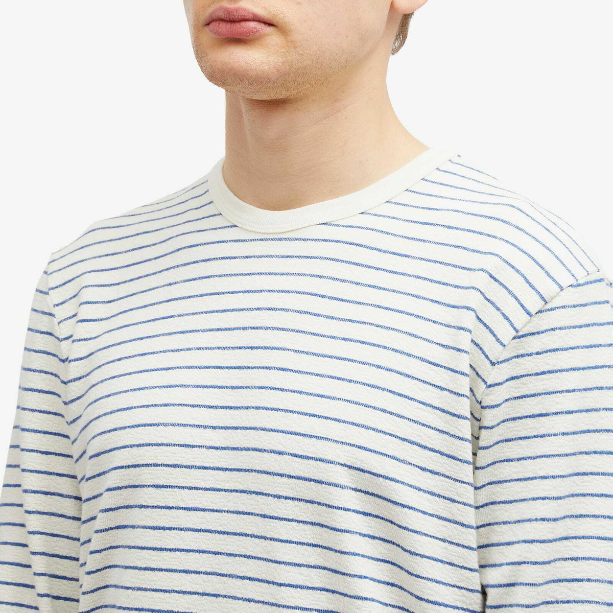 Folk Men's Long Sleeve Textured Stripe T-Shirt in Ecru