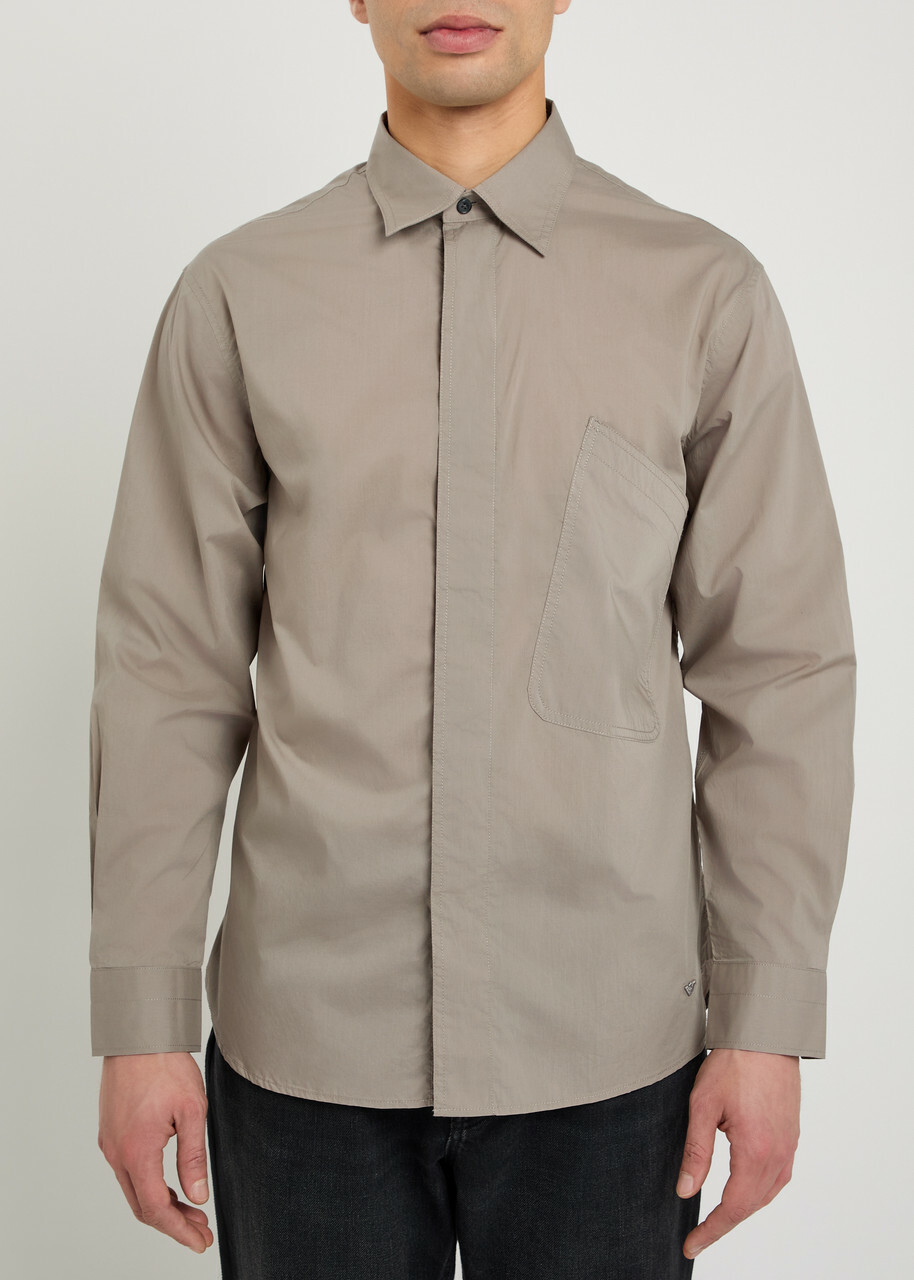 Emporio Armani Logo-embroidered Cotton-poplin Shirt Taupe