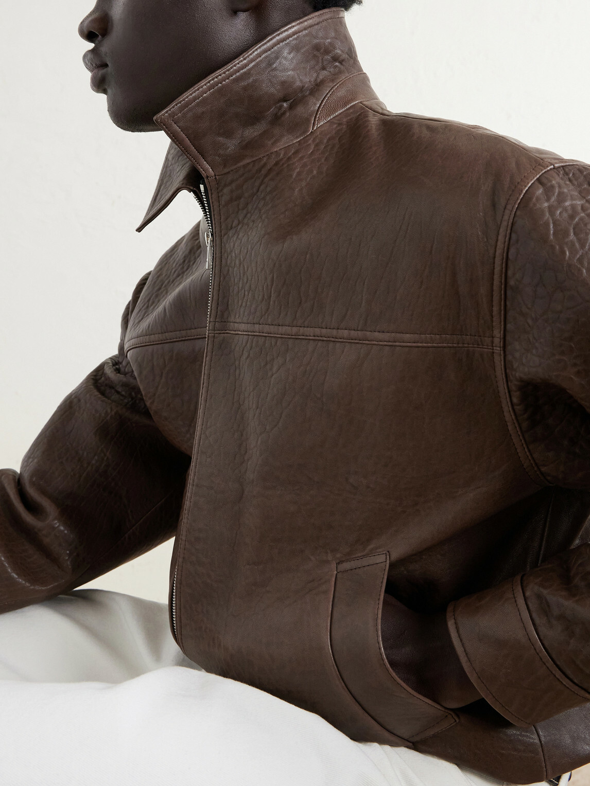 FRAME - Textured-Leather Bomber Jacket - Brown