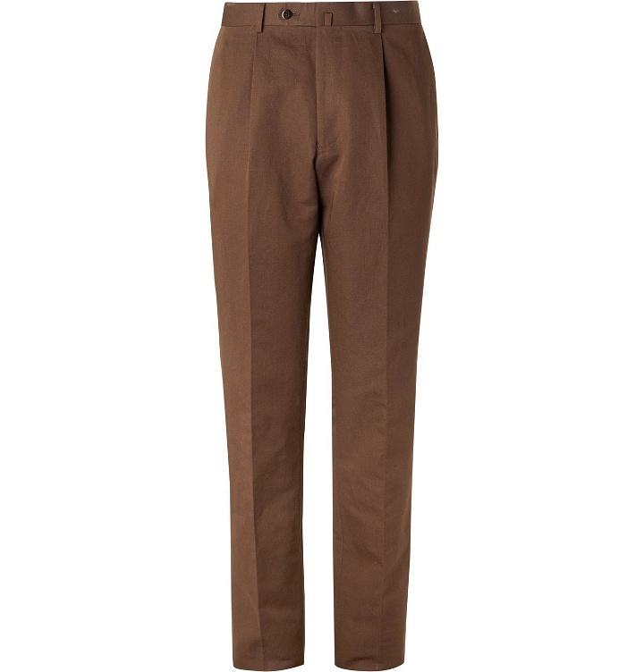 Photo: Beams F - Pleated Cotton and Linen-Blend Twill Suit Trousers - Brown