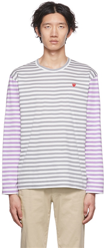 Photo: COMME des GARÇONS PLAY Gray & Purple Heart Long Sleeve T-Shirt