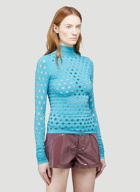 Knitted Perforated Turtleneck Top in Blue