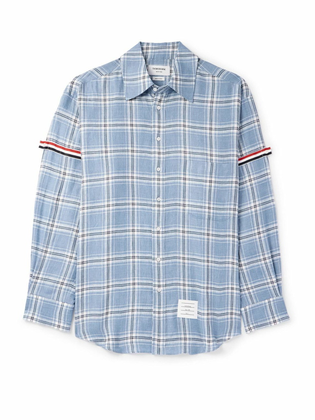 Photo: Thom Browne - Oversized Logo-Appliquéd Grosgrain-Trimmed Checked Linen Shirt - Blue