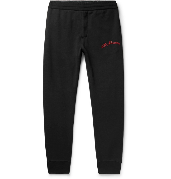 Photo: Alexander McQueen - Tapered Logo-Embroidered Fleece-Back Cotton-Jersey Sweatpants - Black