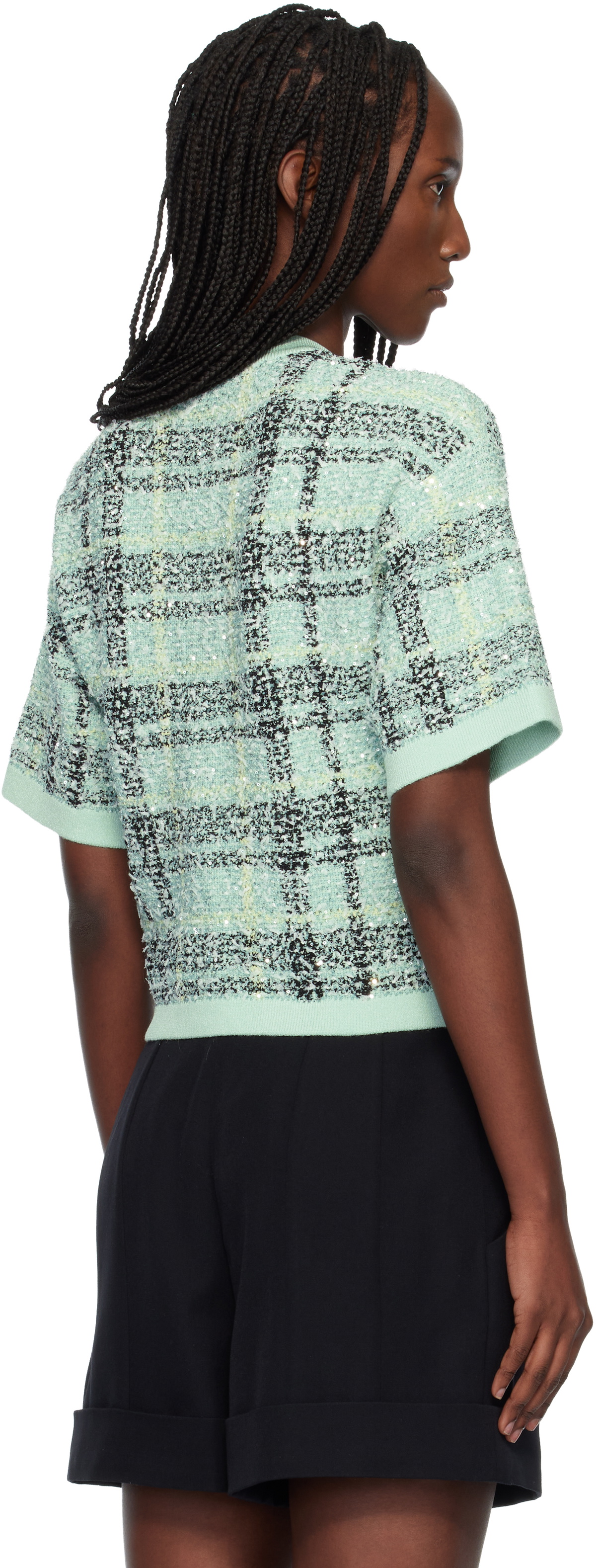 BALMAIN Green Buttoned Shiny Light Tweed Cardigan
