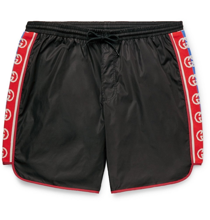 Photo: Gucci - Slim-Fit Mid-Length Logo Webbing-Trimmed Swim Shorts - Black