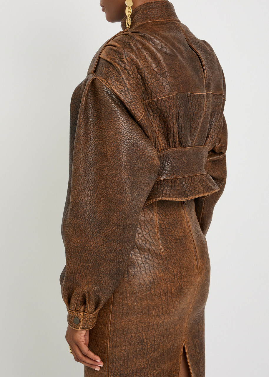 Chloe Belted Grained Leather Cropped Bomber Jacket Brown