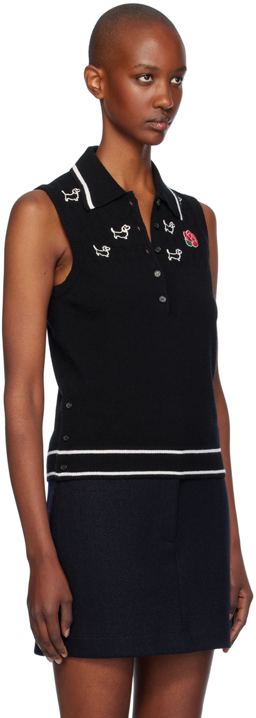 Thom Browne Black Pointelle Jersey Hector & Rose Sleeveless Polo