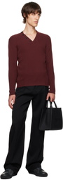 Lanvin Burgundy Ribbed V-Neck Sweater