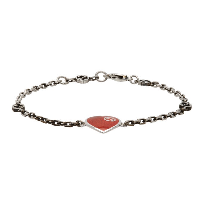 Gucci Silver and Red Interlocking G Heart Bracelet Gucci