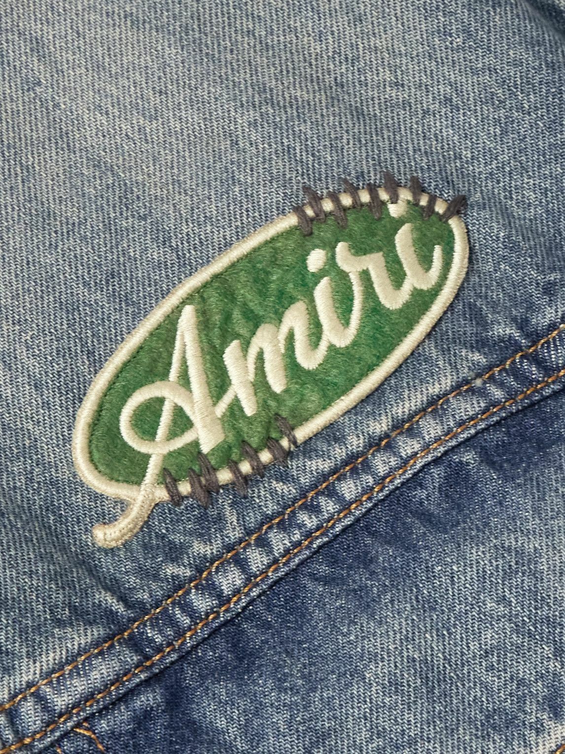 AMIRI - Vintage Pegasus Embellished Distressed Paint-Splattered Denim Trucker Jacket - Blue