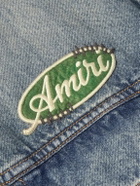 AMIRI - Vintage Pegasus Embellished Distressed Paint-Splattered Denim Trucker Jacket - Blue