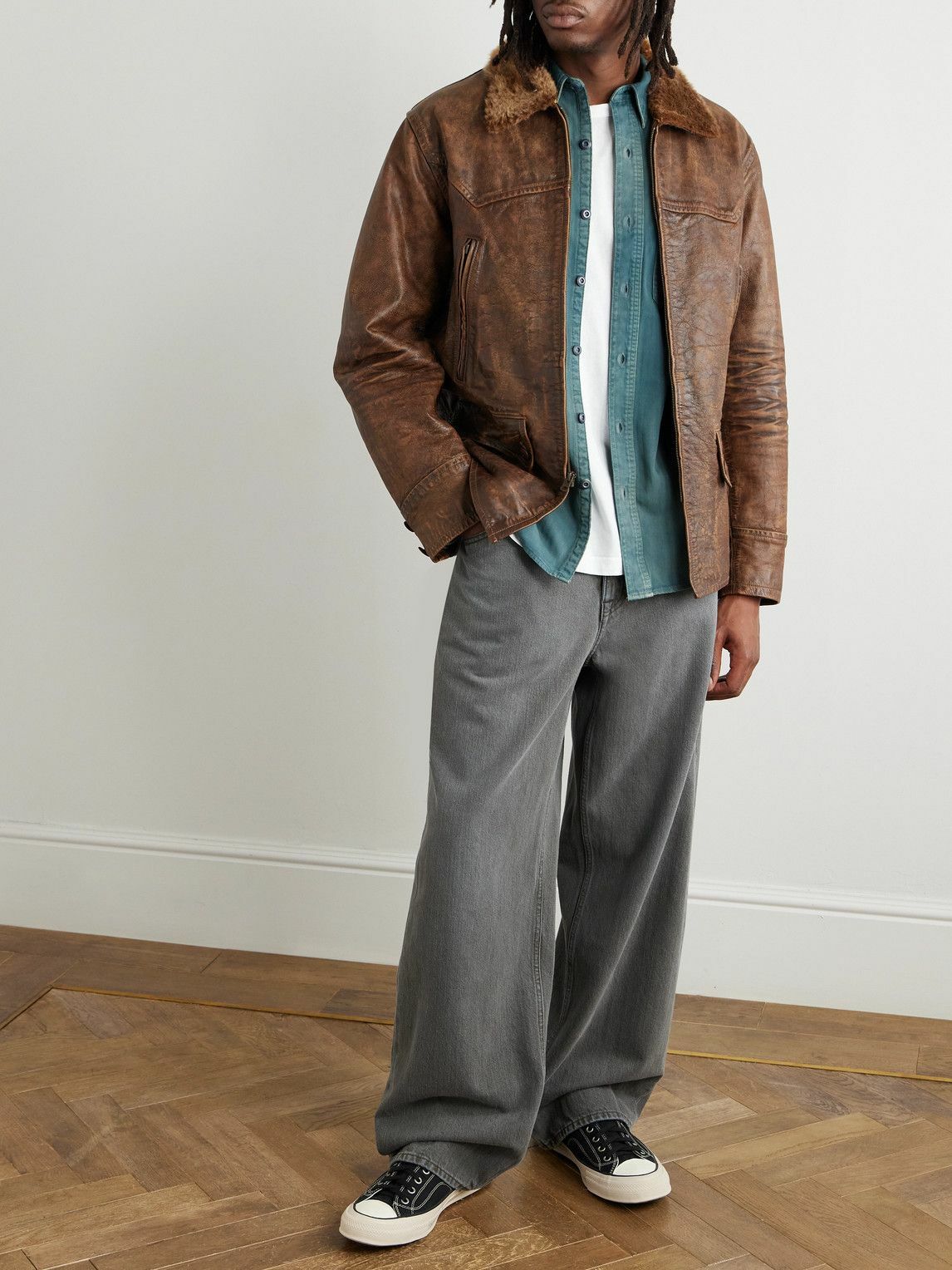 RRL - Thurston Shearling-Trimmed Distressed Leather Jacket - Brown RRL