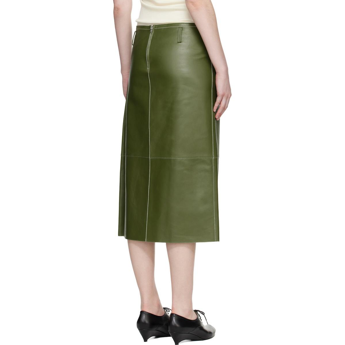 Marni Green Pocket Bonded Nappa Leather Midi Skirt