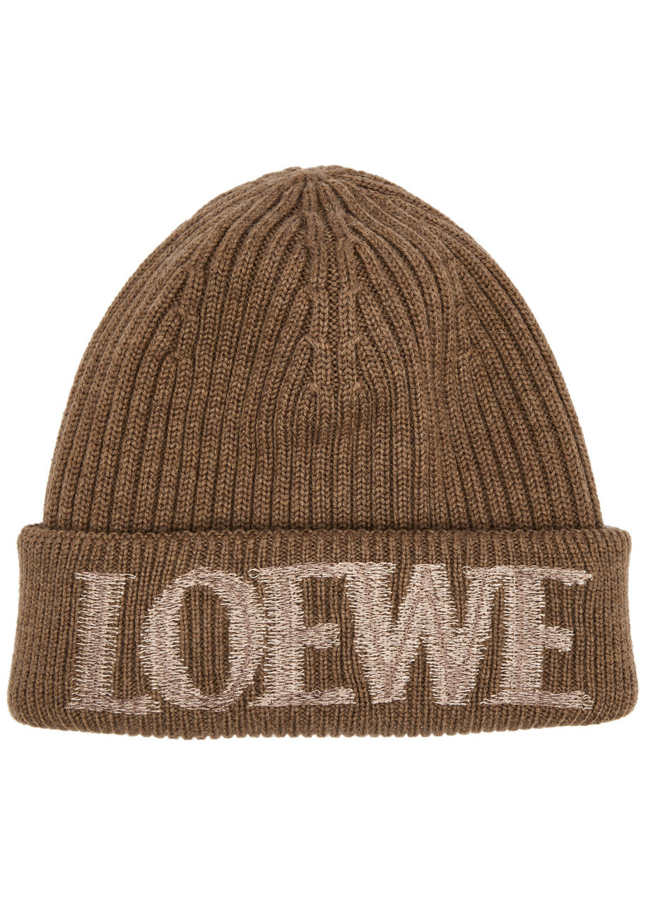 Loewe Logo-embroidered Ribbed Wool Beanie - Brown - One Size