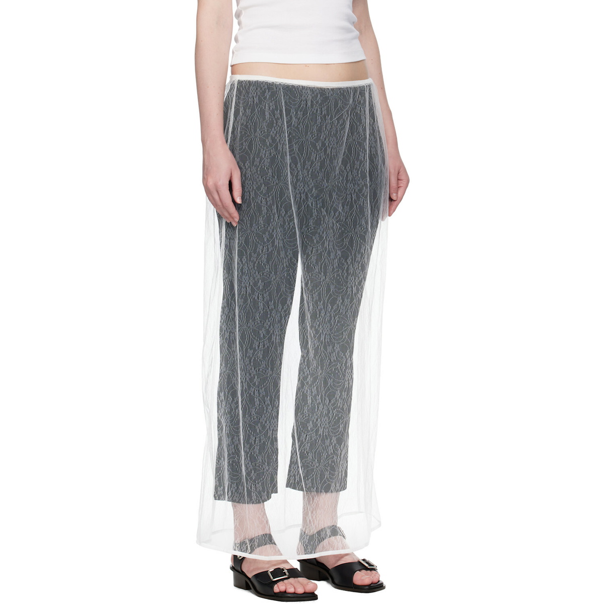 AMOMENTO White Sheer Lace Long Maxi Skirt