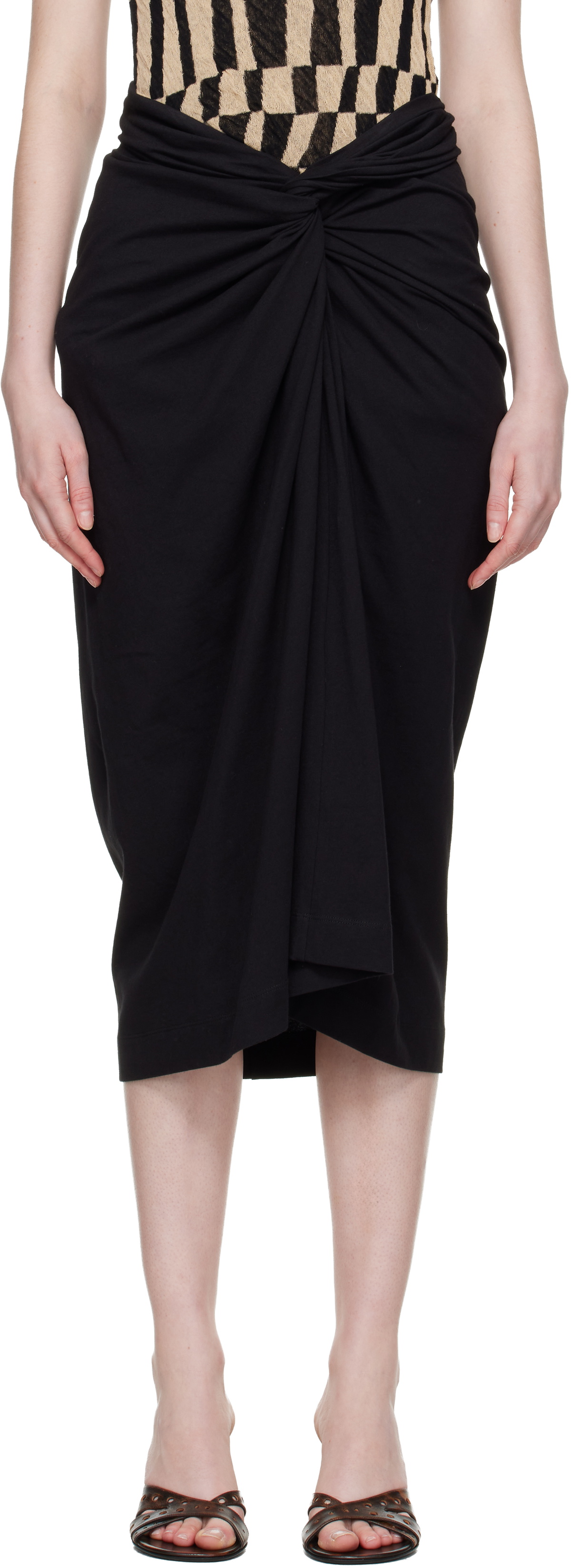 Dries Van Noten Black Knotted Jersey Midi Skirt