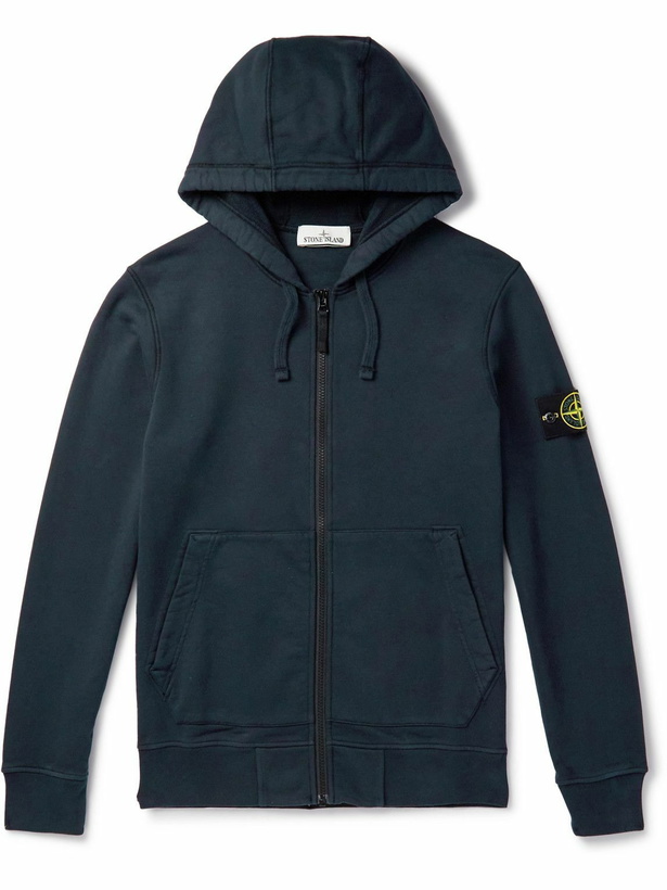 Photo: Stone Island - Garment-Dyed Logo-Appliquéd Cotton-Jersey Zip-Up Hoodie - Blue