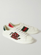 GUCCI - Ace Watersnake-Trimmed Appliquéd Leather Sneakers - White