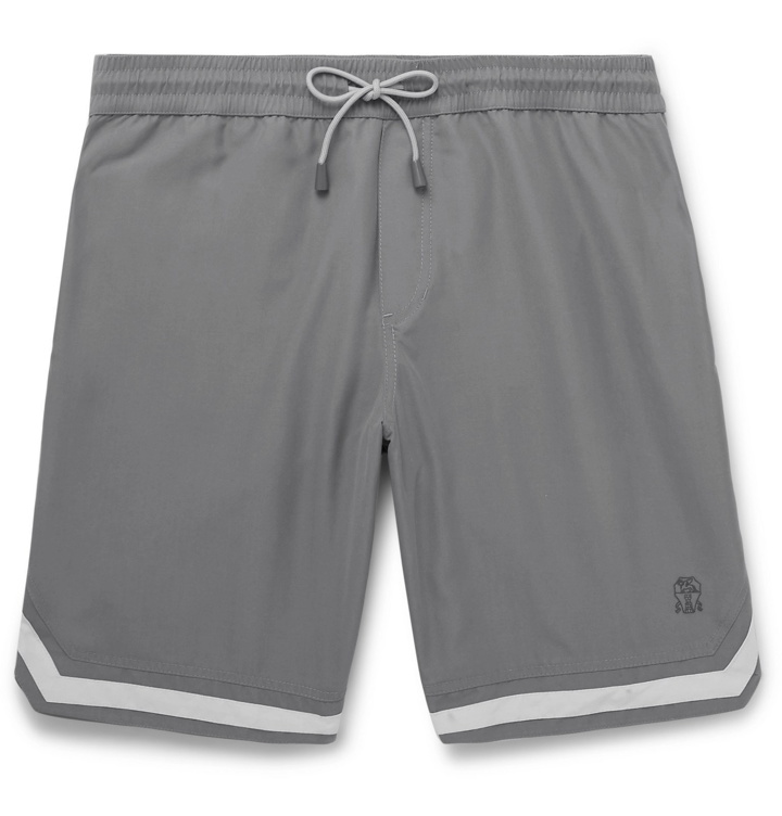 Photo: Brunello Cucinelli - Mid-Length Contrast-Trimmed Swim Shorts - Gray