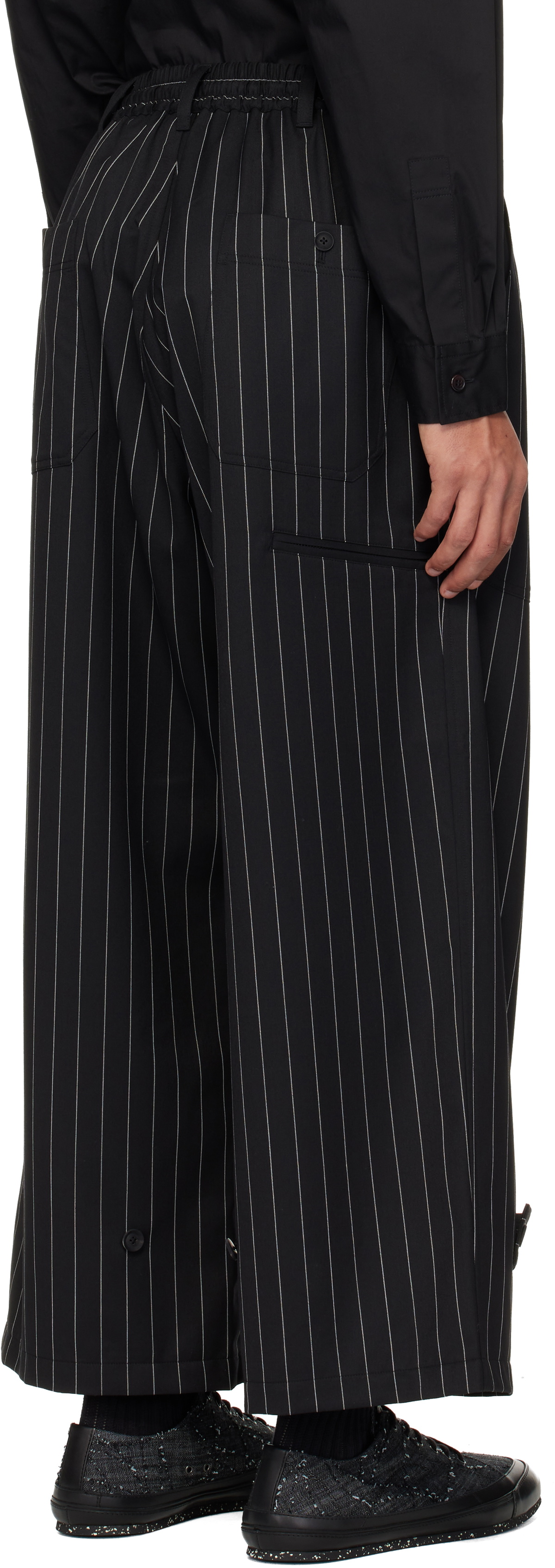 Y-3 Black Pinstripe Refined Wool Wide Leg Trousers