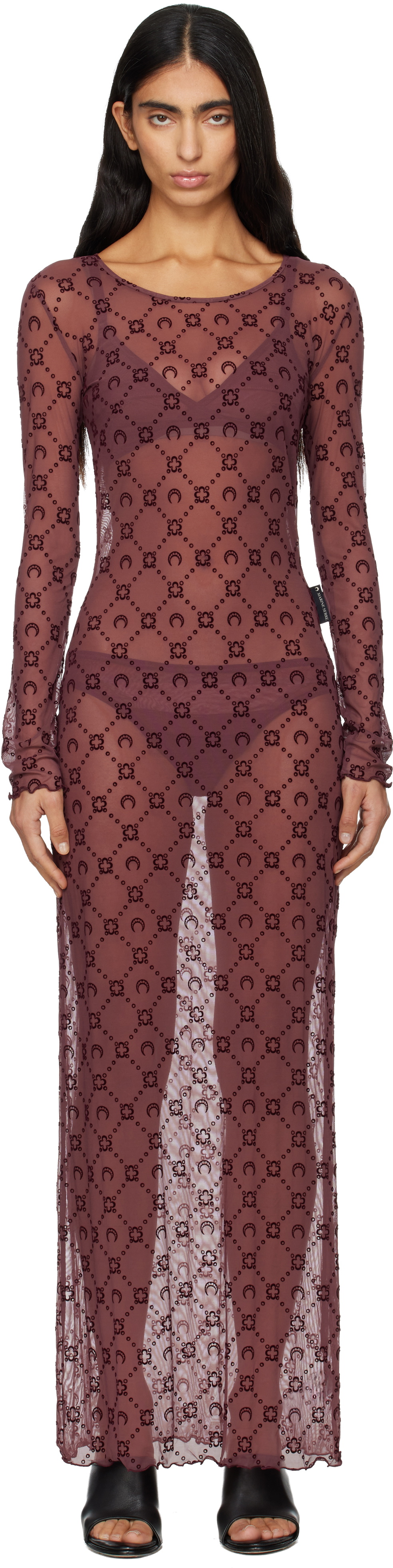 Marine Serre Burgundy Moonogram Mesh Flock Maxi Dress