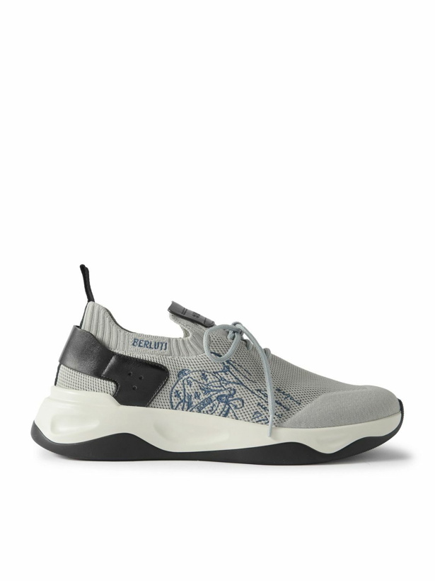 Photo: Berluti - Shadow Scritto Venezia Leather-Trimmed Stretch-Knit Sneakers - Gray
