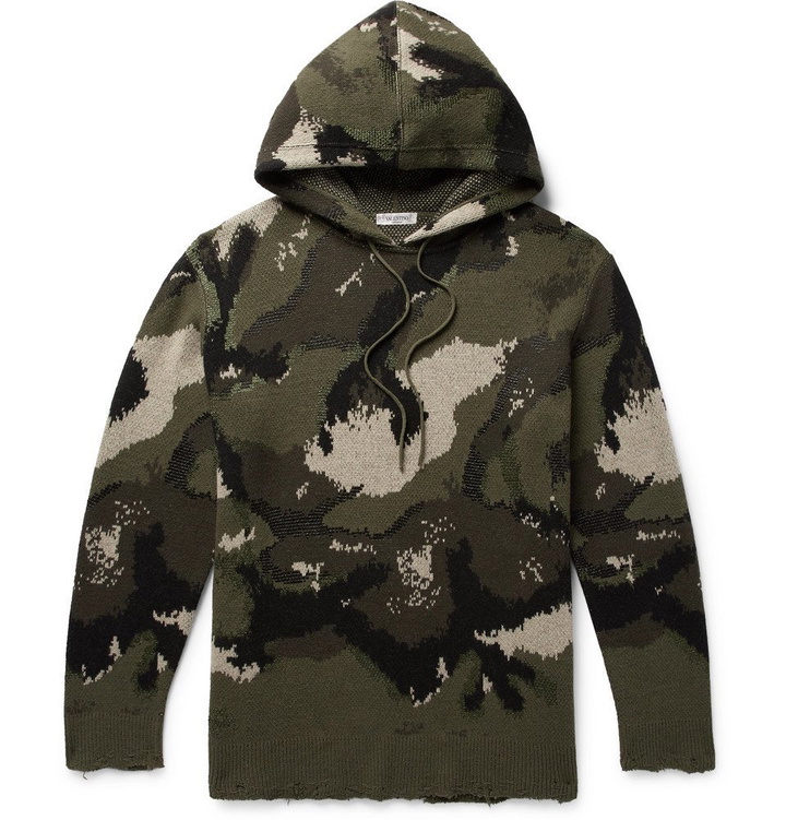 Photo: Valentino - Distressed Camouflage-Jacquard Virgin Wool-Blend Hoodie - Men - Army green