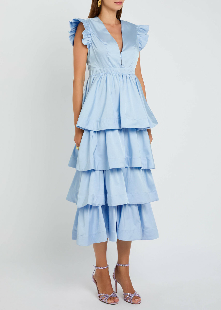 Sister Jane Feria Tiered Taffeta Midi Dress Blue