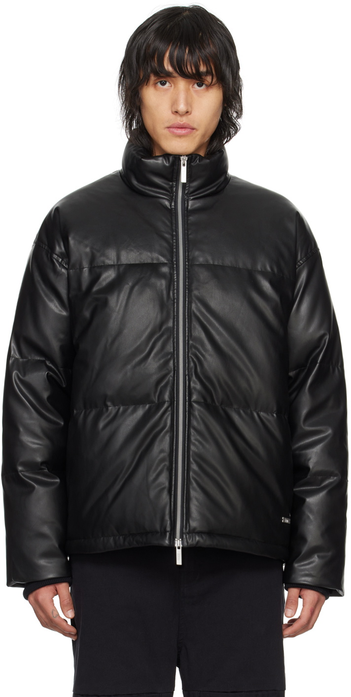 Izzue Black Quilted FauxLeather Down Jacket