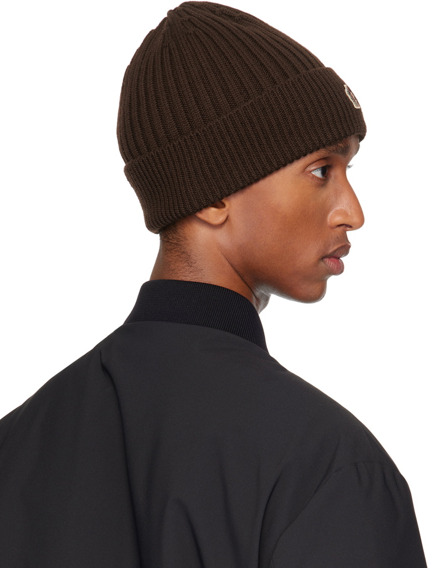 Moncler Grenoble Brown Ribbed Knit Wool Beanie