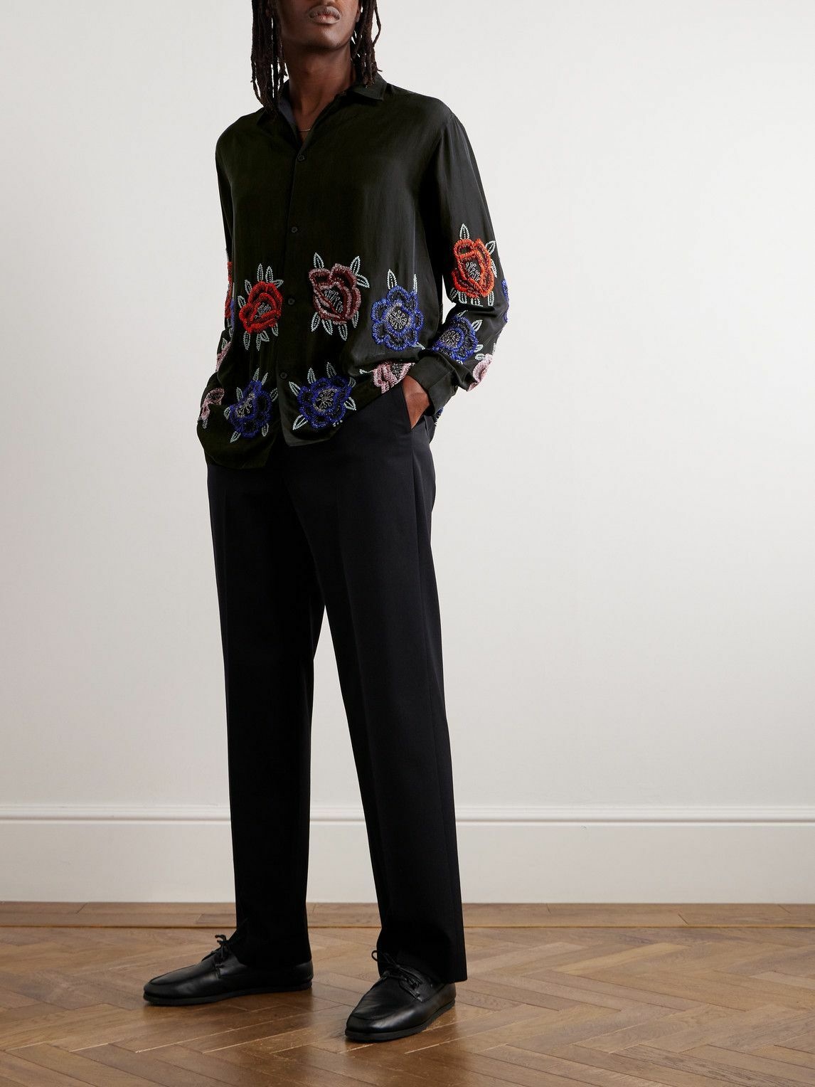 BODE - Poppy Convertible-Collar Embellished Silk-Satin Shirt - Black Bode