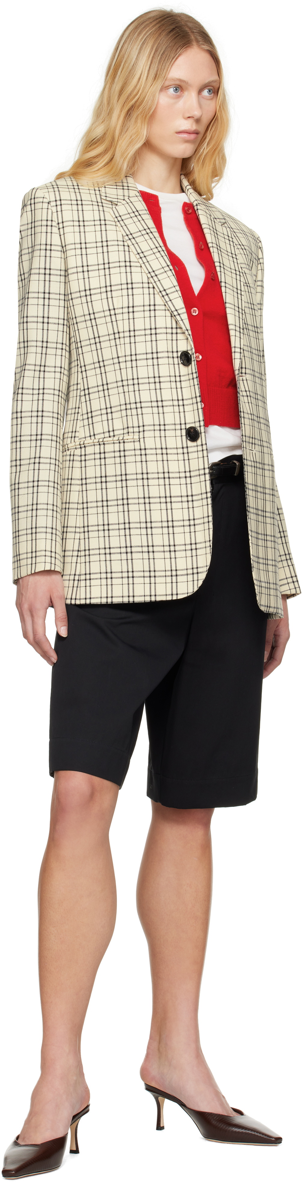 AMI Paris Beige Checked Wool Semi-Lined Blazer