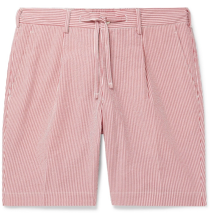 Photo: Beams F - Striped Cotton-Seersucker Drawstring Shorts - Pink