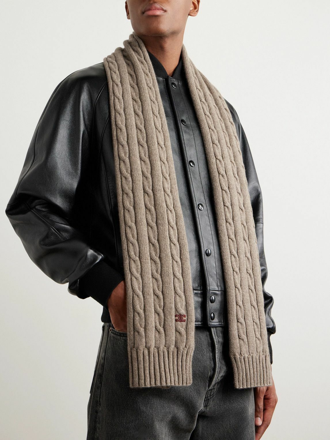 CELINE - Logo-Embroidered Cable-Knit Cashmere Scarf