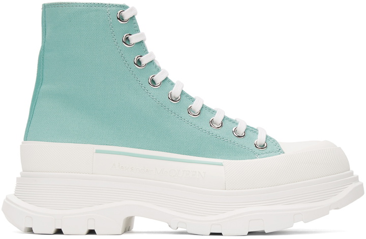 Photo: Alexander McQueen SSENSE Exclusive Green Tread Slick Sneaker Boots