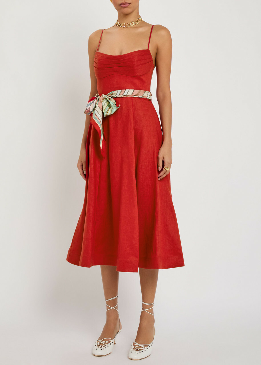 Zimmermann Rebellion Belted Linen Midi Dress Red