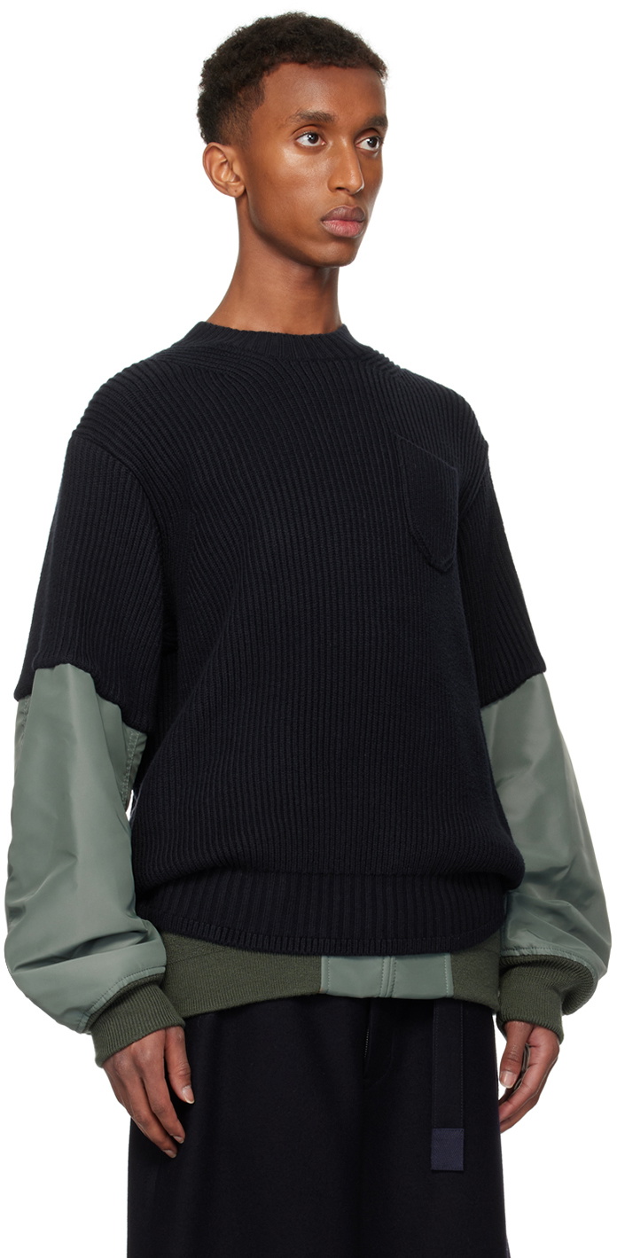 sacai Navy & Khaki Nylon Twill Knit Sweater Sacai
