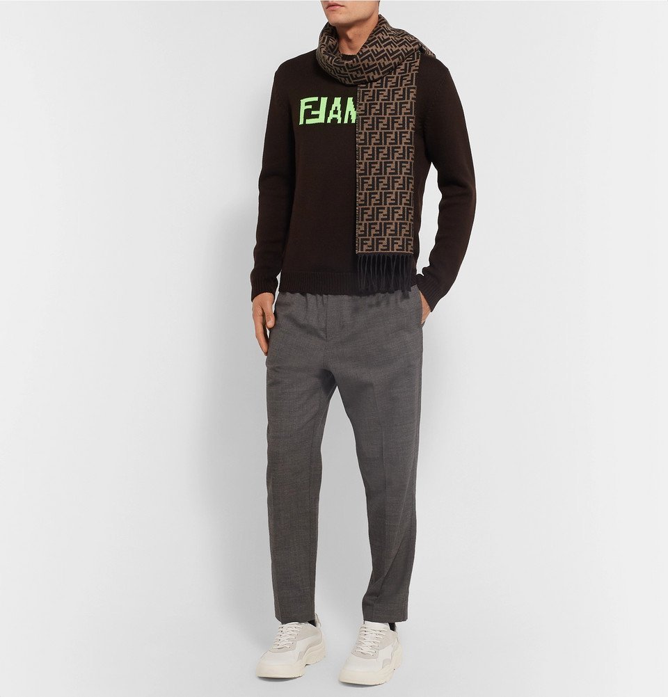 Fendi - Fringed Logo-Intarsia Wool Scarf - Brown
