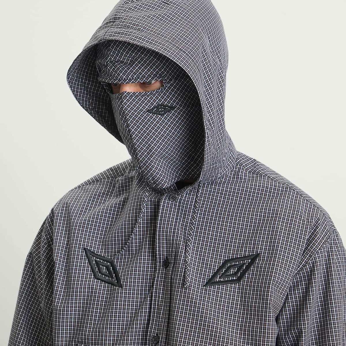 Umbro by Slam Jam Men's Gingham Masked Hooded Shirt Jacket in Coffee Brown/White/Black