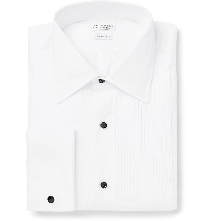 Photo: Brunello Cucinelli - White Slim-Fit Bib-Front Double-Cuff Cotton-Poplin Tuxedo Shirt - Men - White