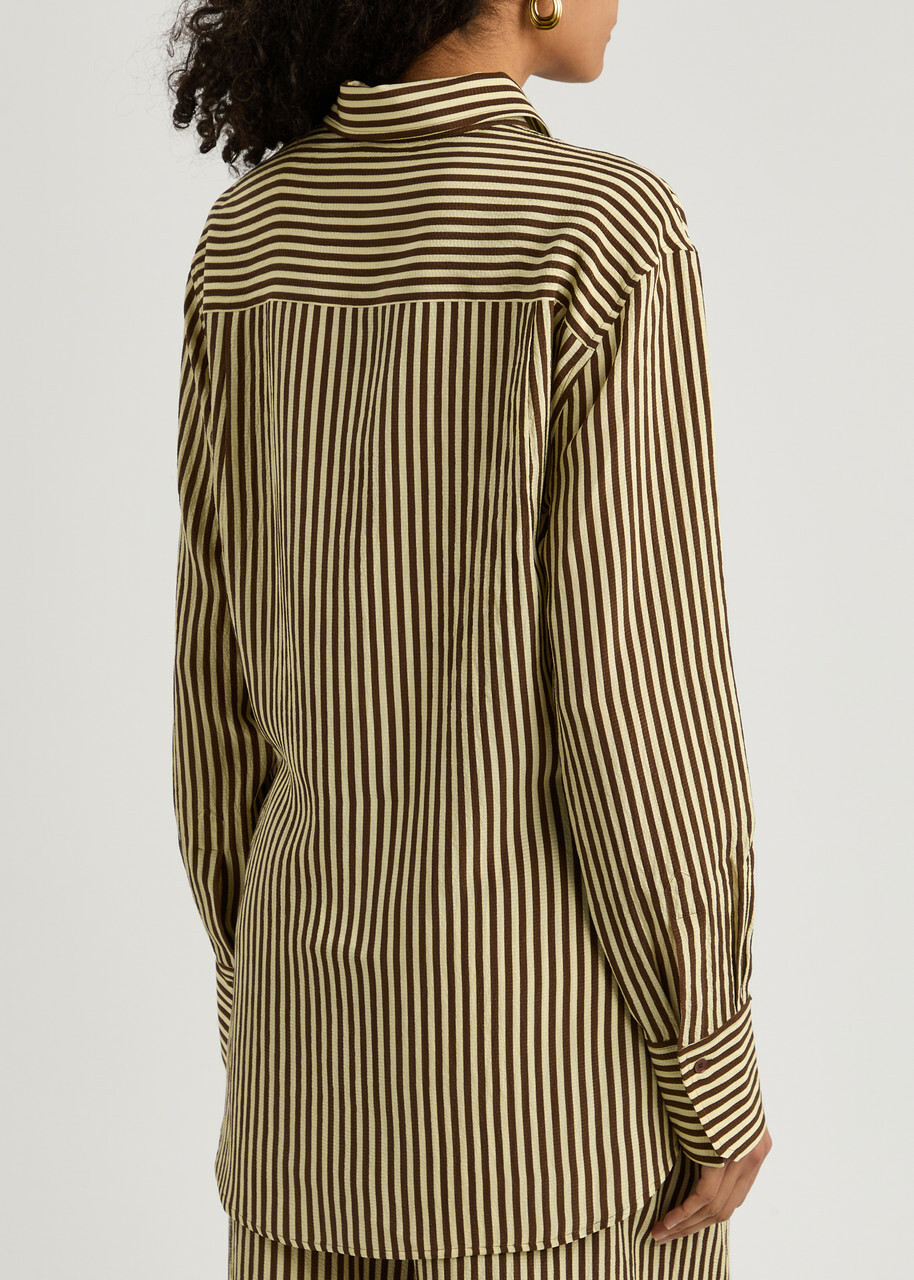 Petar Petrov Heat Wave Striped Seersucker Silk Wrap Shirt Brown