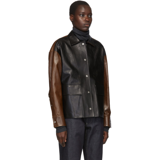 Jil Sander Brown and Black Leather Bi-Color Likke Boxy Jacket Jil