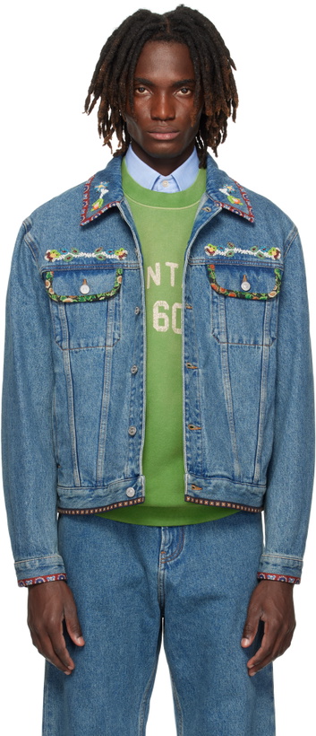 Photo: Valentino Blue Beaded Embroidery & Printed Edges Denim Jacket