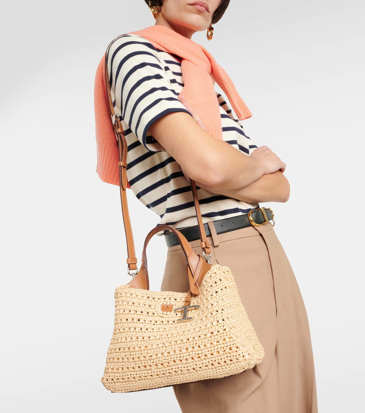 【TOD'S】Logo raffia tote bag ラフィアトート Woman LIGHT BLUE Shopping Bag in Raffia and Leather Mini
