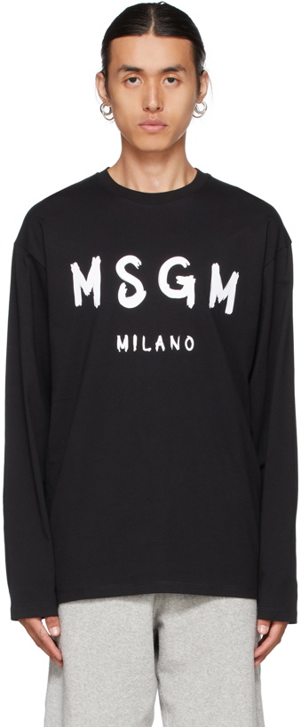 Photo: MSGM Black Paint Brushed Logo Long Sleeve T-Shirt
